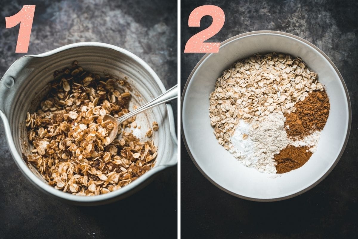 On the left: topping ingredients stirred together. On the right: dry ingredients in a mixing bowl.