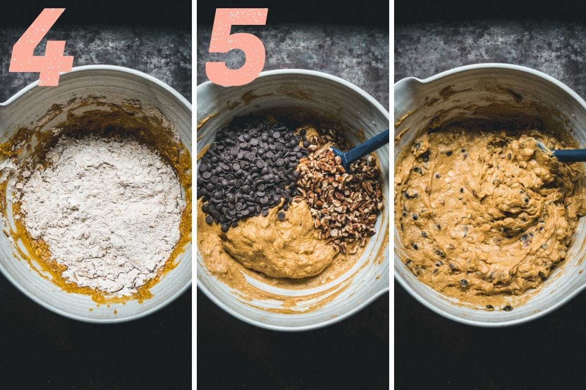 On the left: mixing in dry and wet ingredients. Center and middle: folding in chocolate chips and pecans.