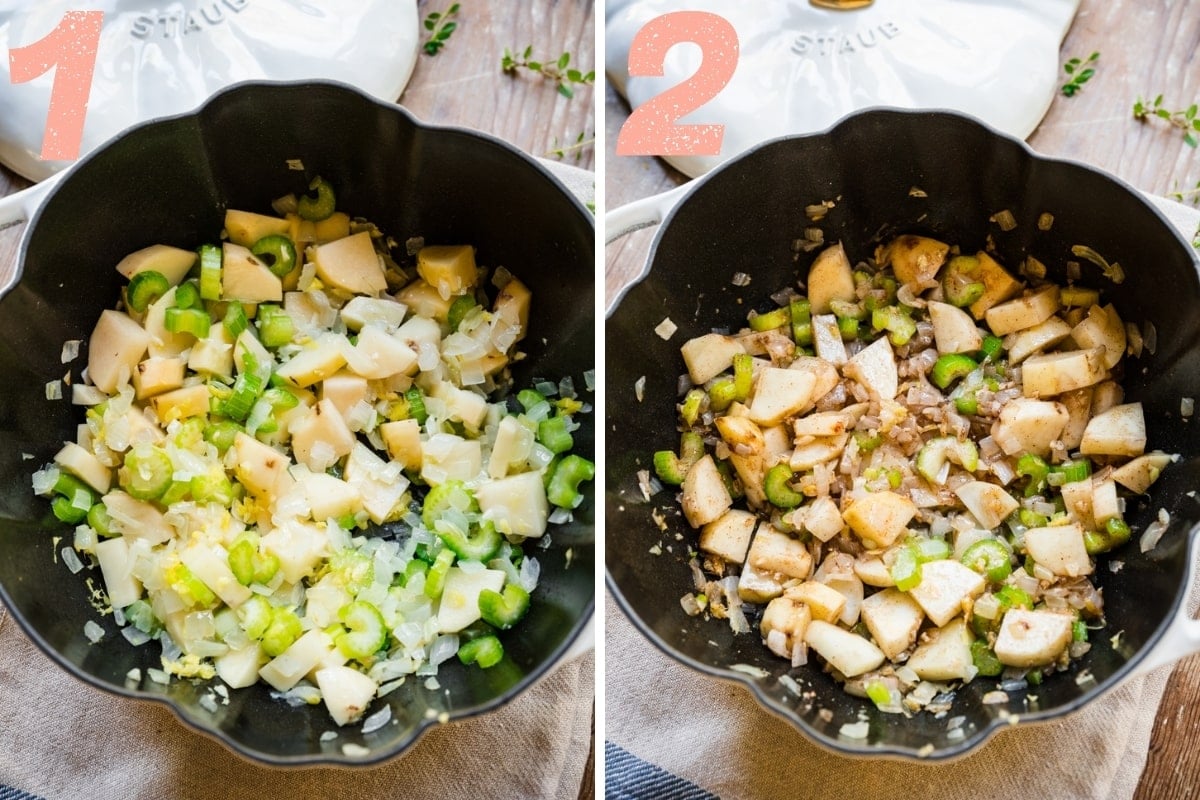 before and after adding spices to sautéed celery, onion and potatoes. 