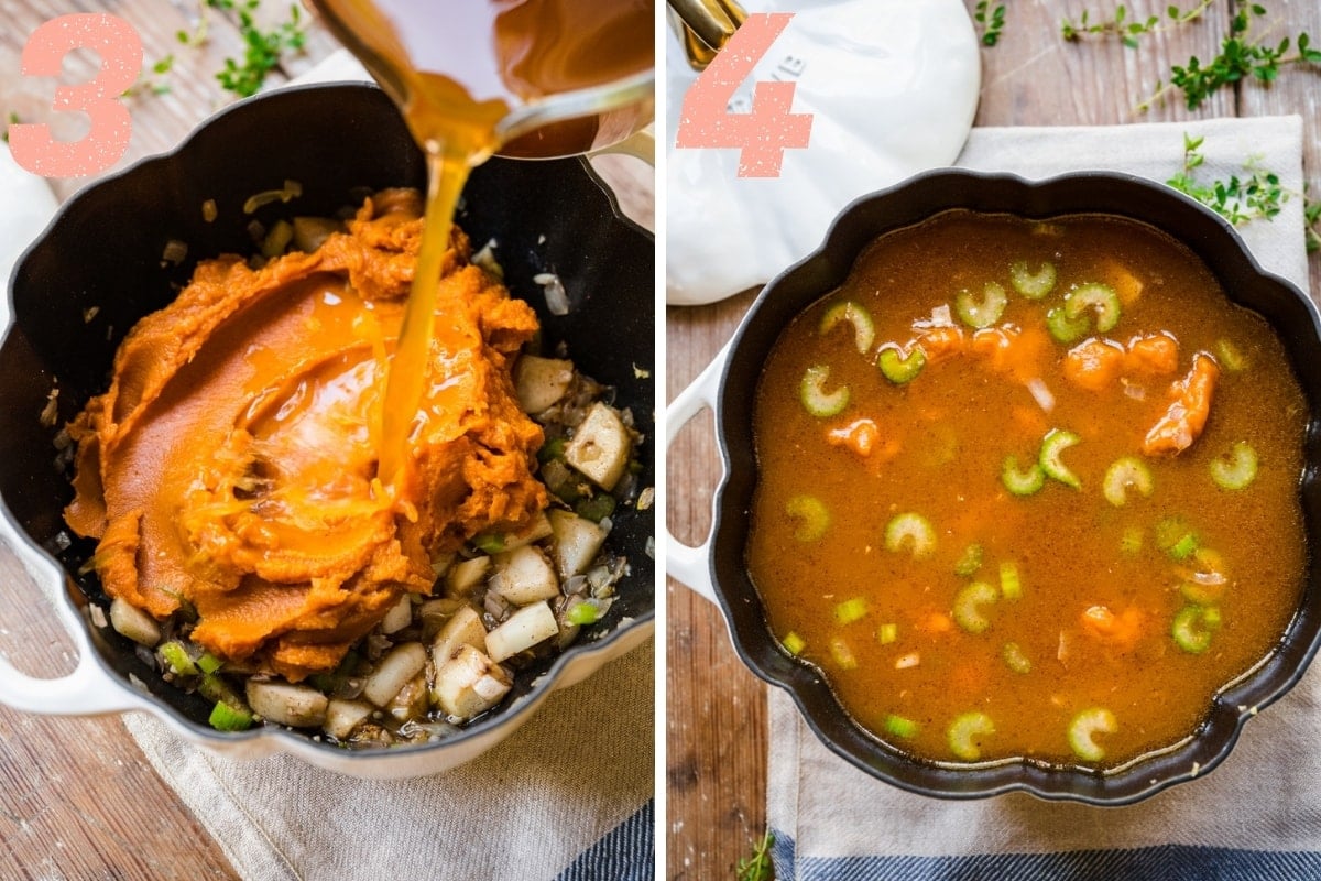 adding vegetable broth to vegan pumpkin soup in pot. 