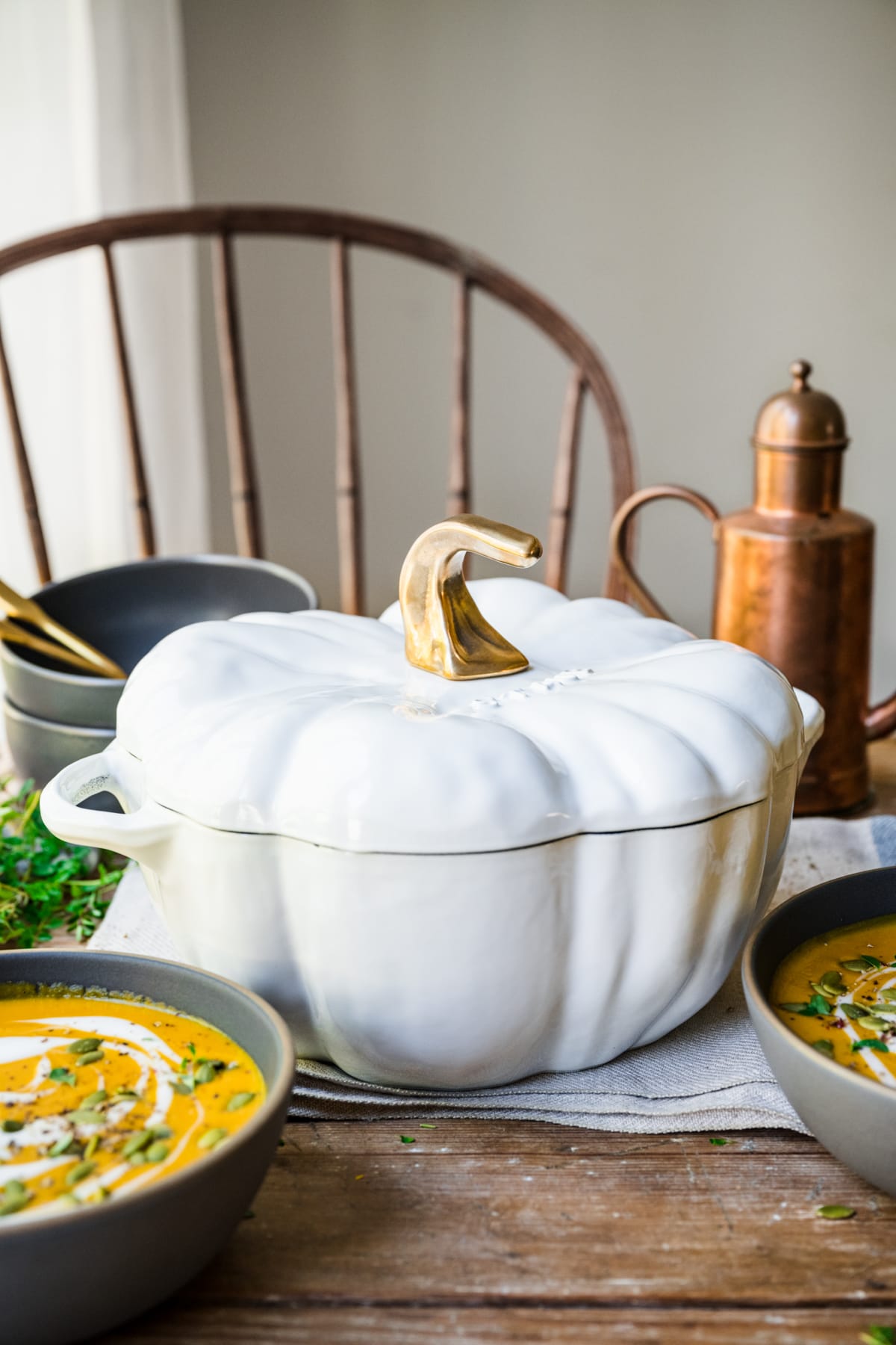 Front view of Staub pumkin cocotte.