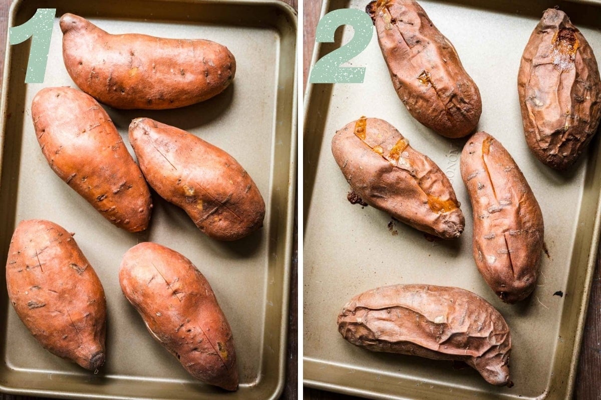 before and after roasting whole sweet potatoes. 