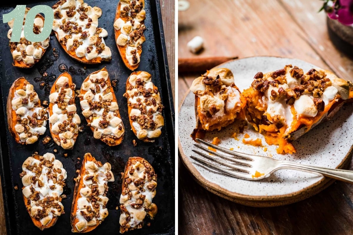 Twice baked sweet potatoes topped with mini marshmallows and pecans on sheet pan and on a plate. 