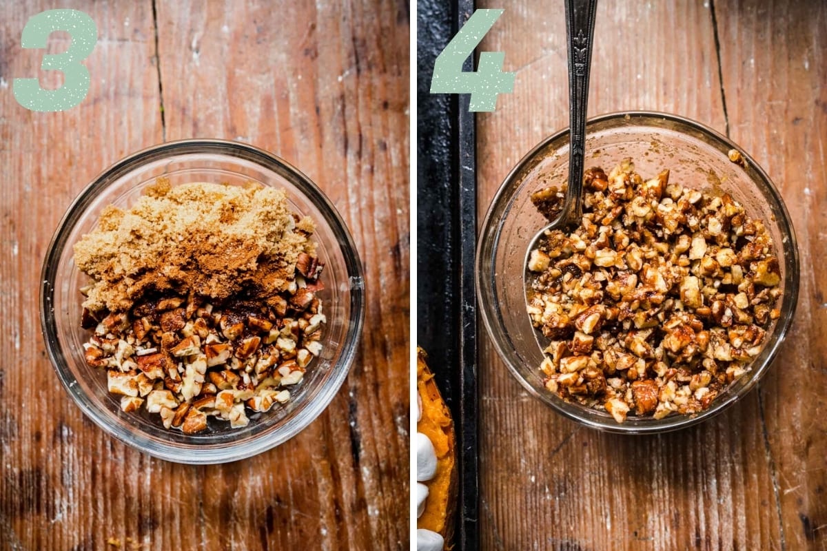 before and after stirring together pecans, brown sugar, cinnamon and butter. 