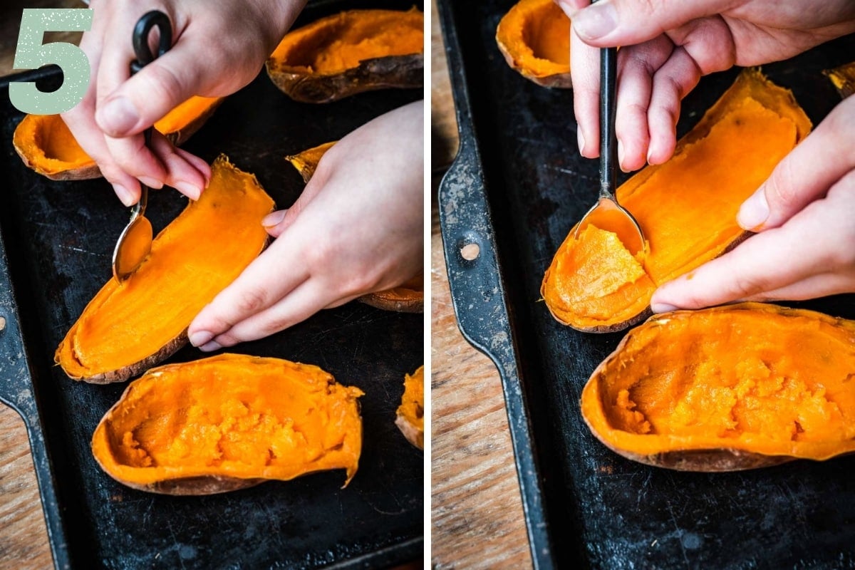 Removing sweet potato filling from baked sweet potatoes with a spoon. 
