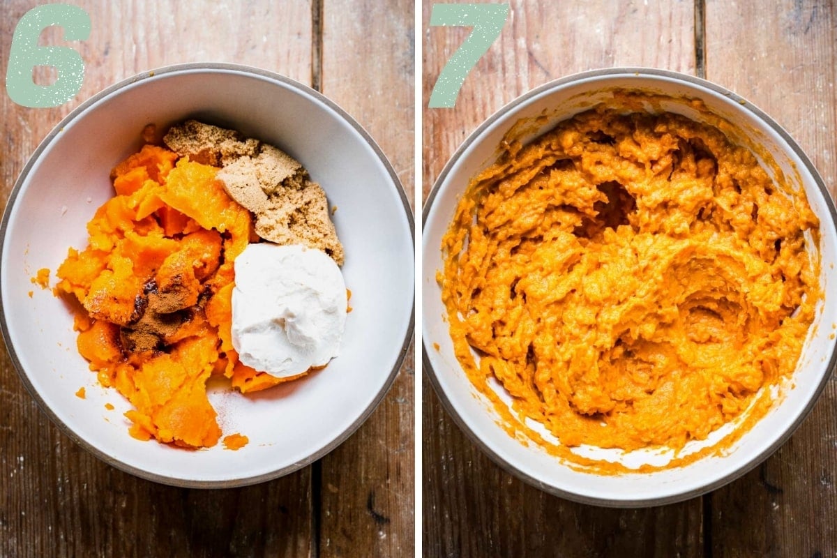 before and after mixing together sweet potato, cream cheese, brown sugar and cinnamon. 