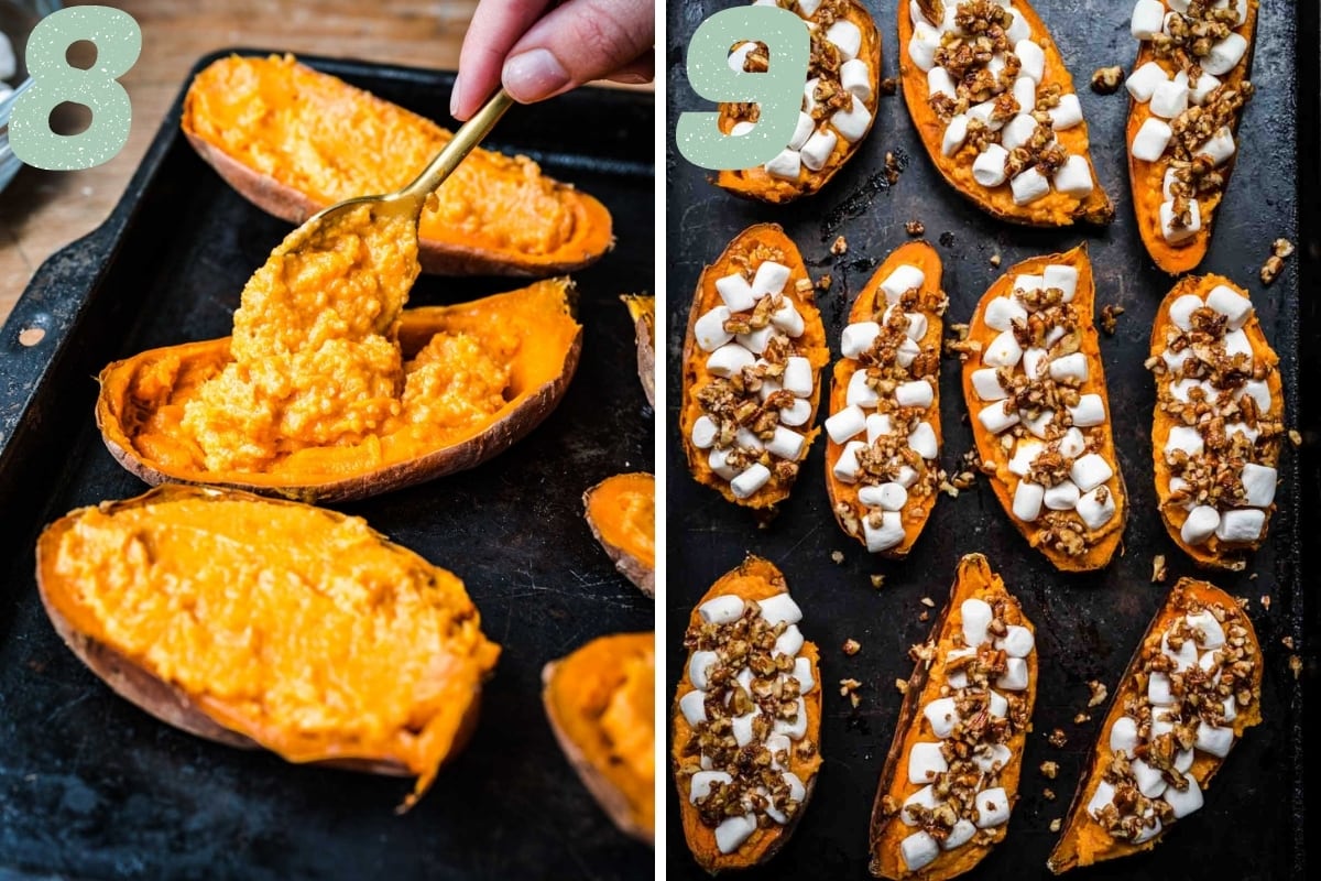 on the left: filling baked sweet potato with filling. on the right: baked sweet potatoes topped with marshmallows and pecans. 