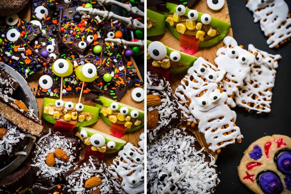 Apple slice monster faces and pretzel white chocolate mummies on Halloween charcuterie board. 
