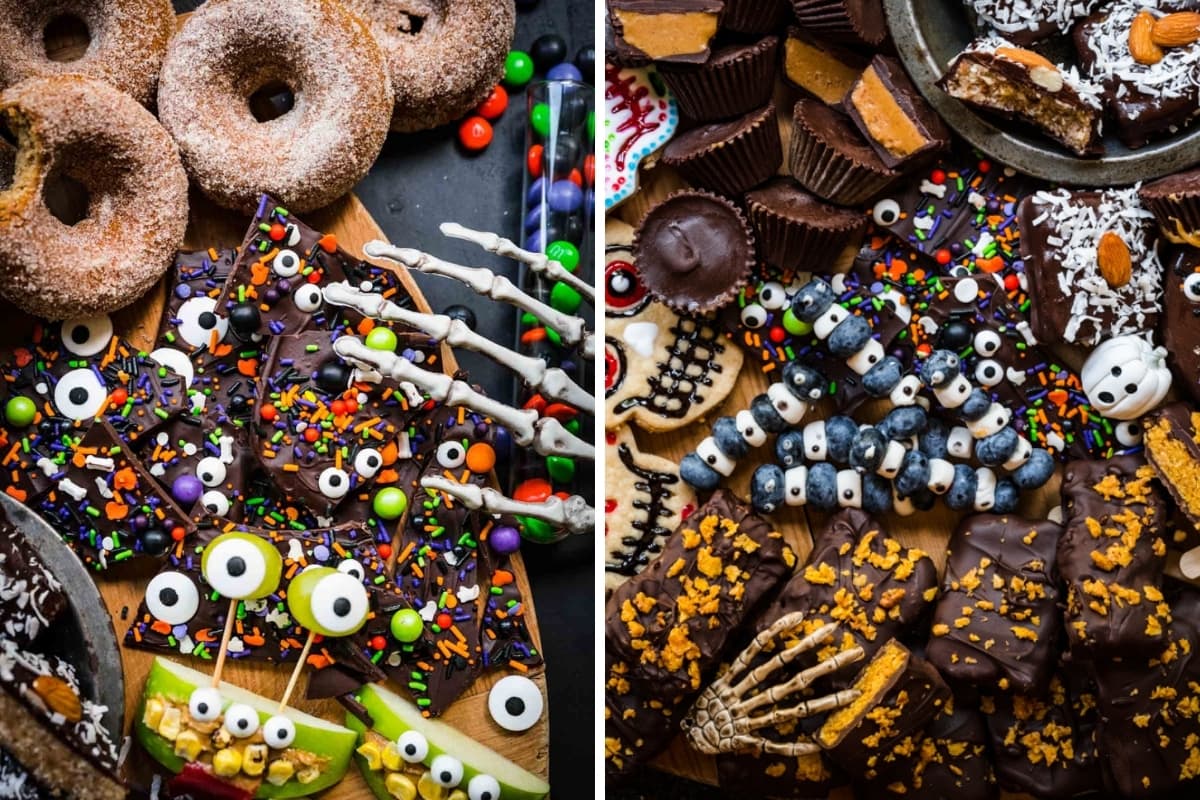 Halloween chocolate bark and blueberry caterpillars on Halloween charcuterie board. 