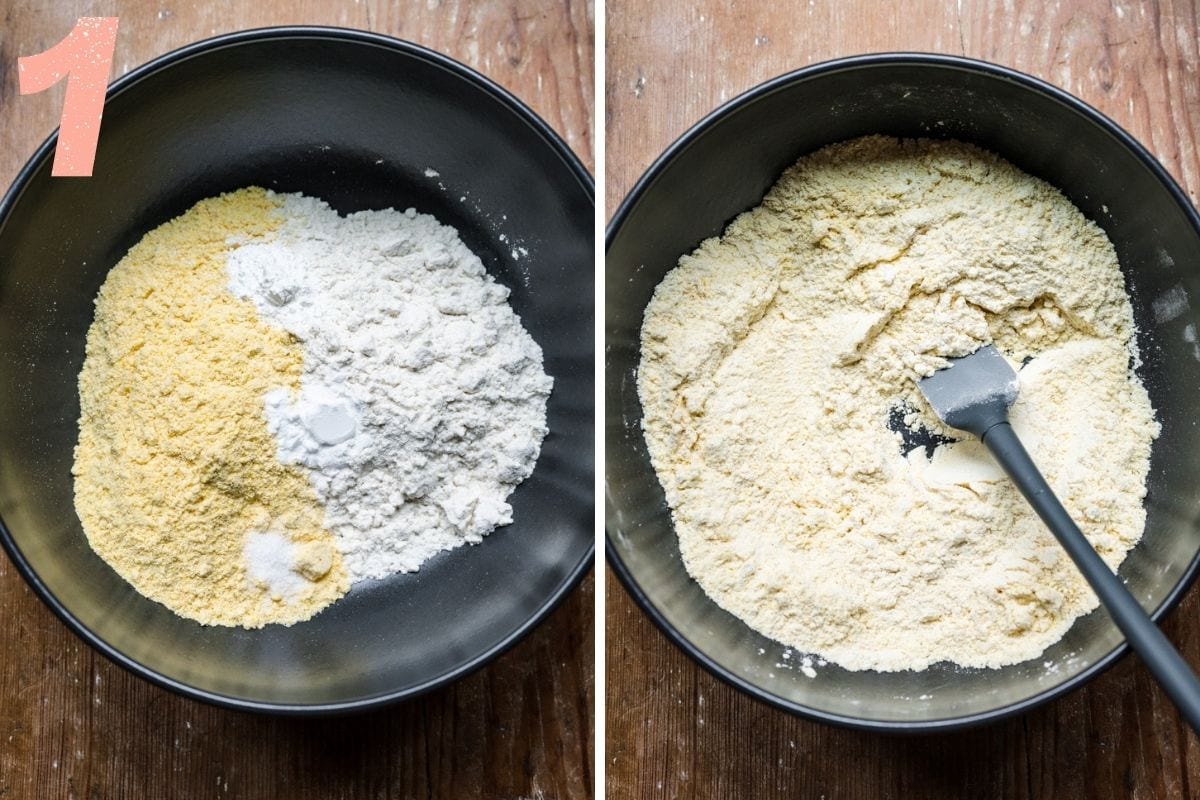 On the left: dry ingredients on a bowl before being stirred together. On the right: dry ingredients after being stirred.