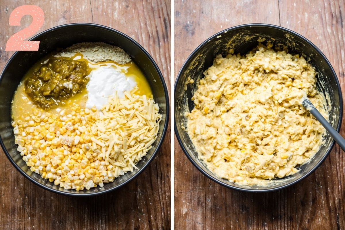 On the left: wet ingredients added to dry. On the right: wet ingredients and dry ingredients stirred together into a batter.