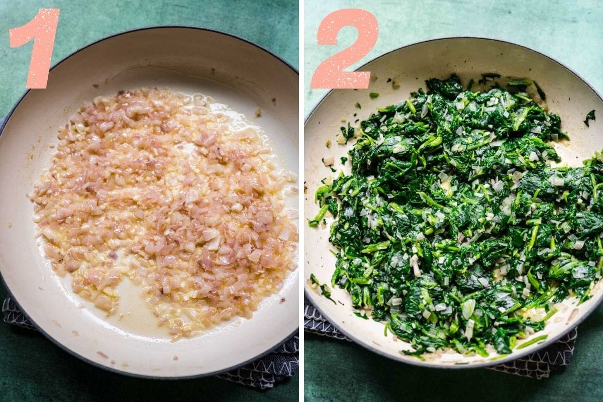 On the left: shallots cooking in butter. On the right: spinach after being added t.o the pot