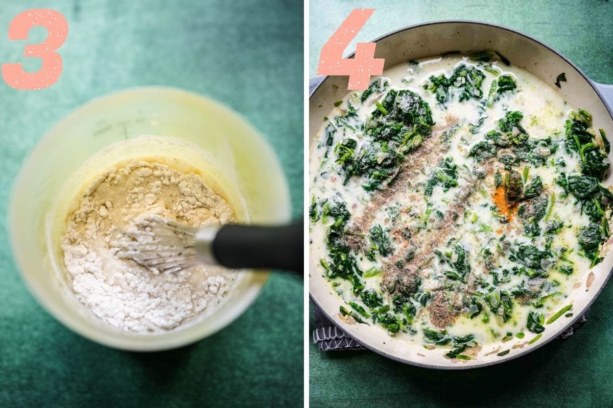On the left: roux being whisked together. On the right: dry ingredients and roux added to spinach.