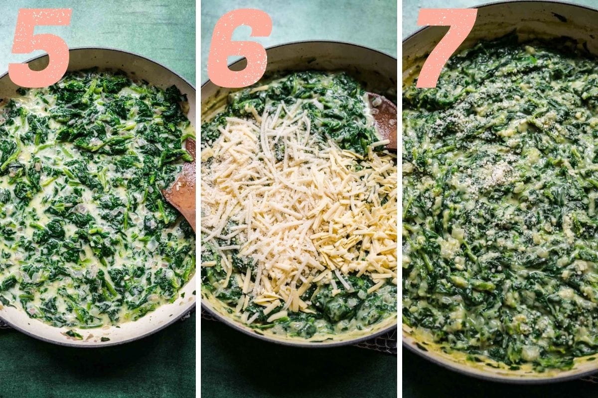 On the left: spinach after ingredients are stirred in. In the middle: adding nondairy cheese to spinach. On the right: spinach after cheese is melted in.