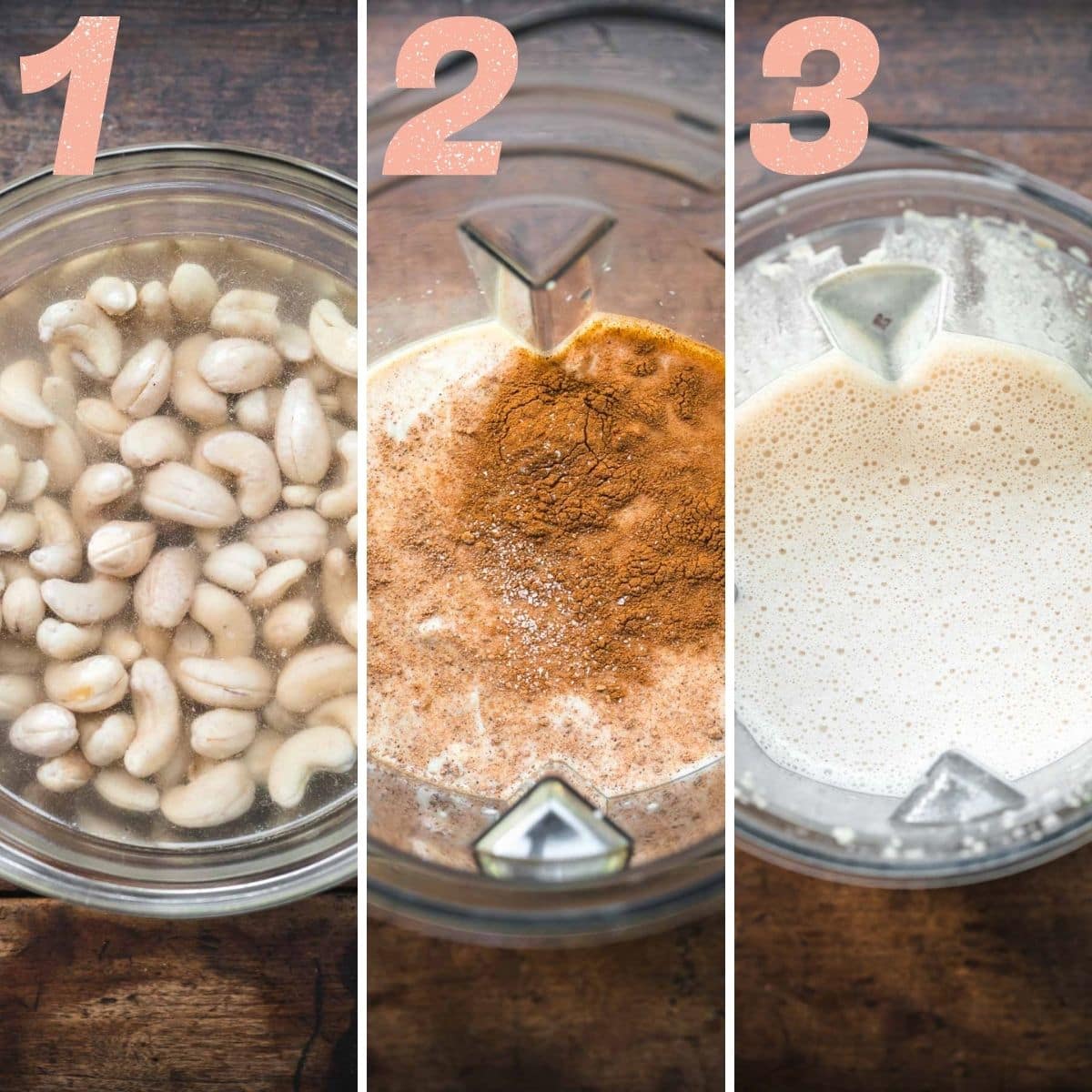 Three image panel of cashews soaking, spices being added, and then being blended.