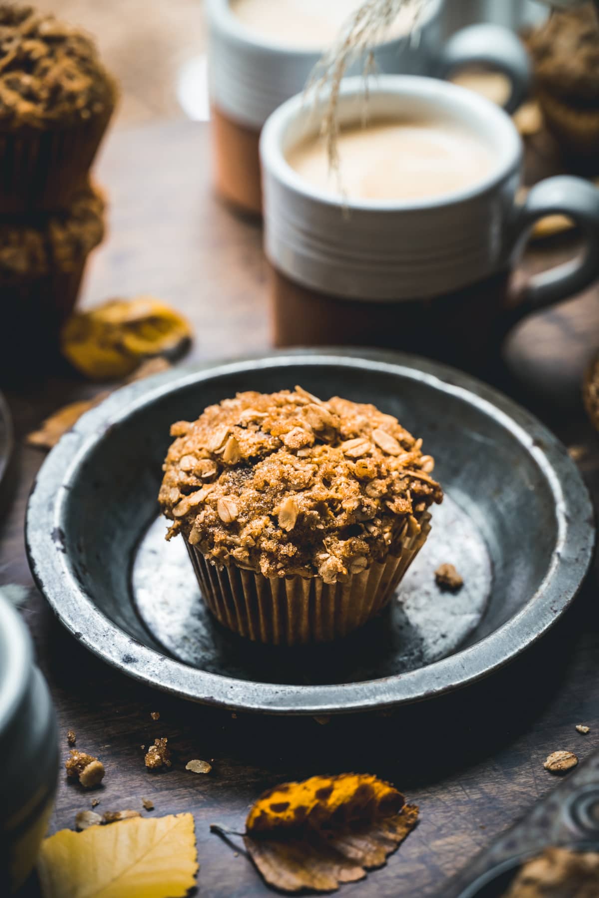 close up view of vegan pumpkin muffin. 