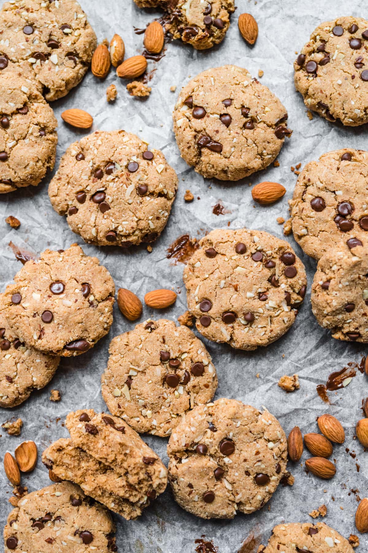 Overhead view of chocolate chip almond flour cookies on parchment paper. 