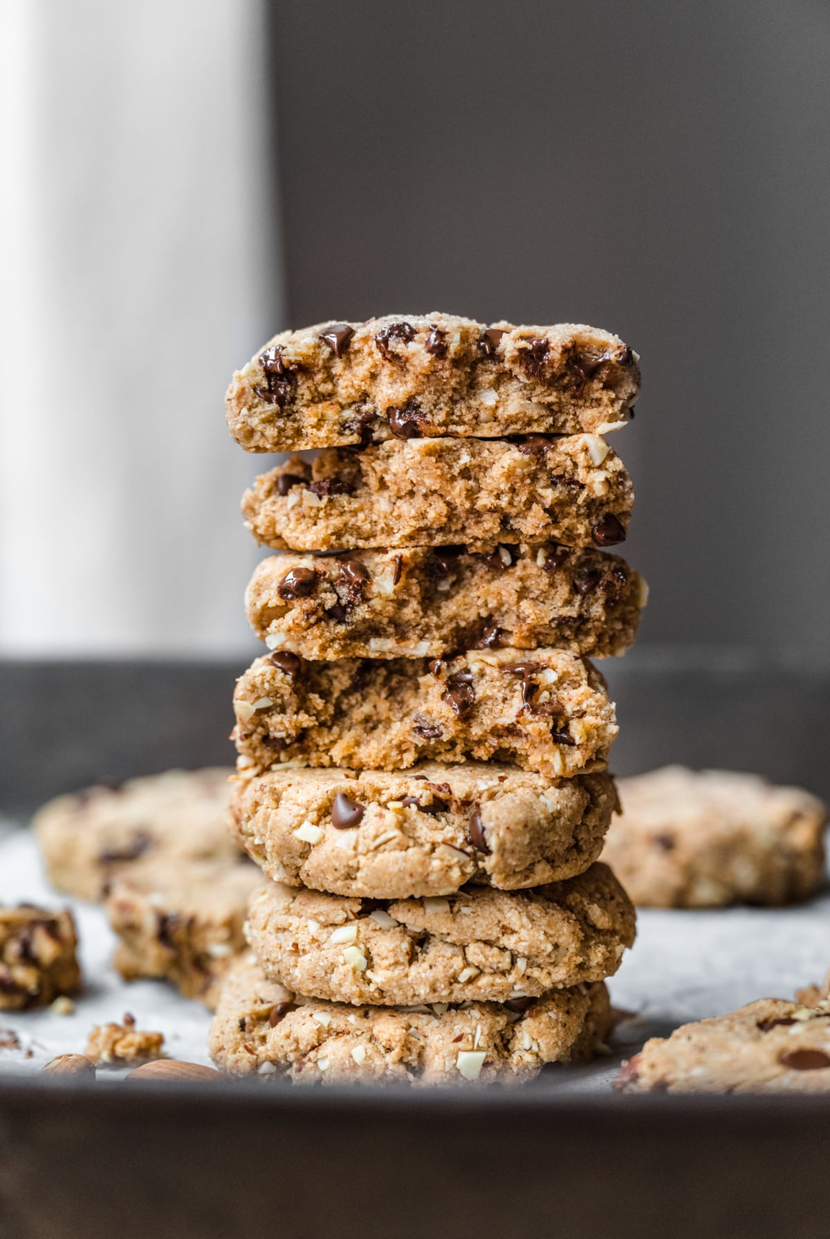 Close up view of stack of chocolate chip almond flour cookies. 