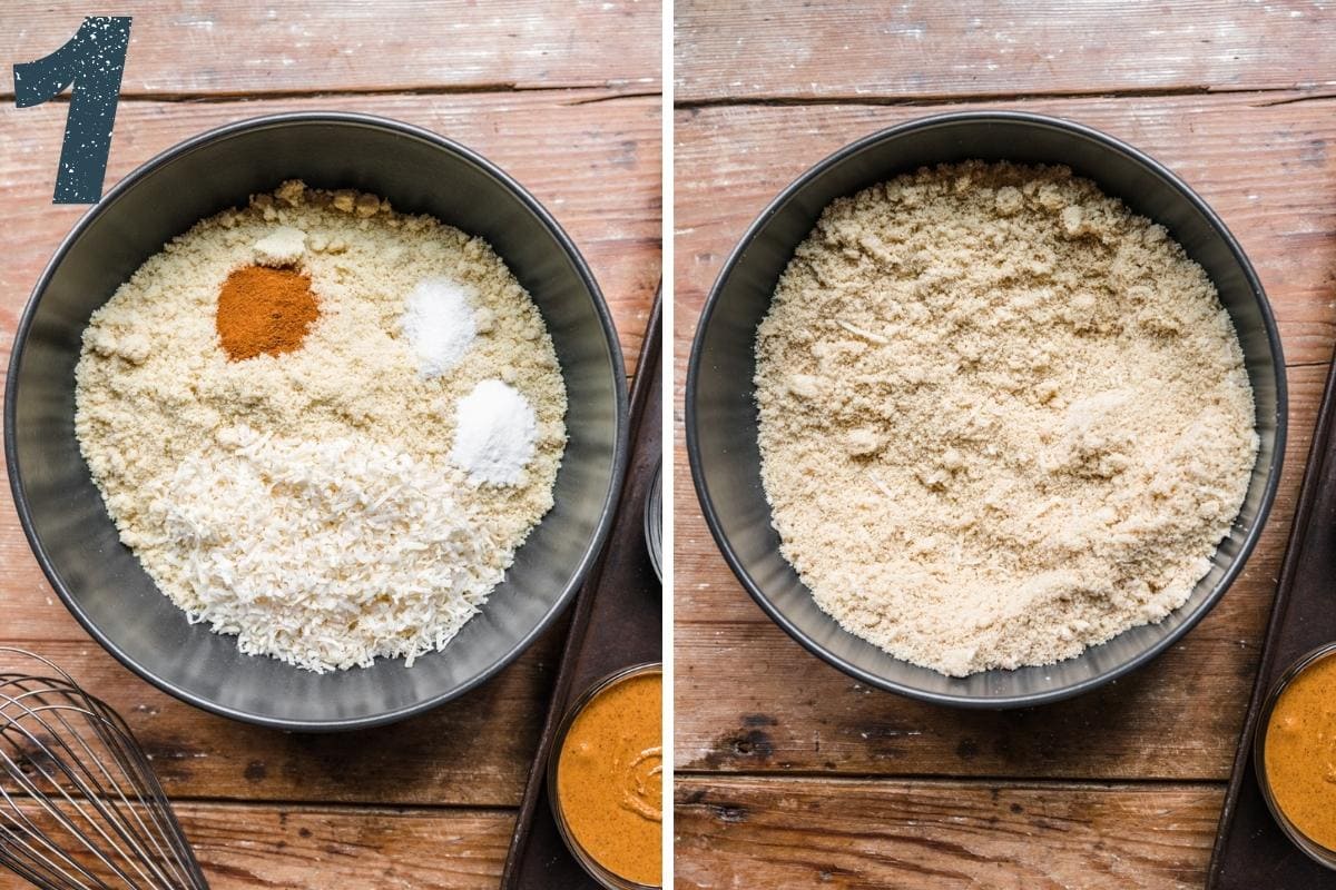 before and after mixing together dry ingredients for almond flour cookies. 