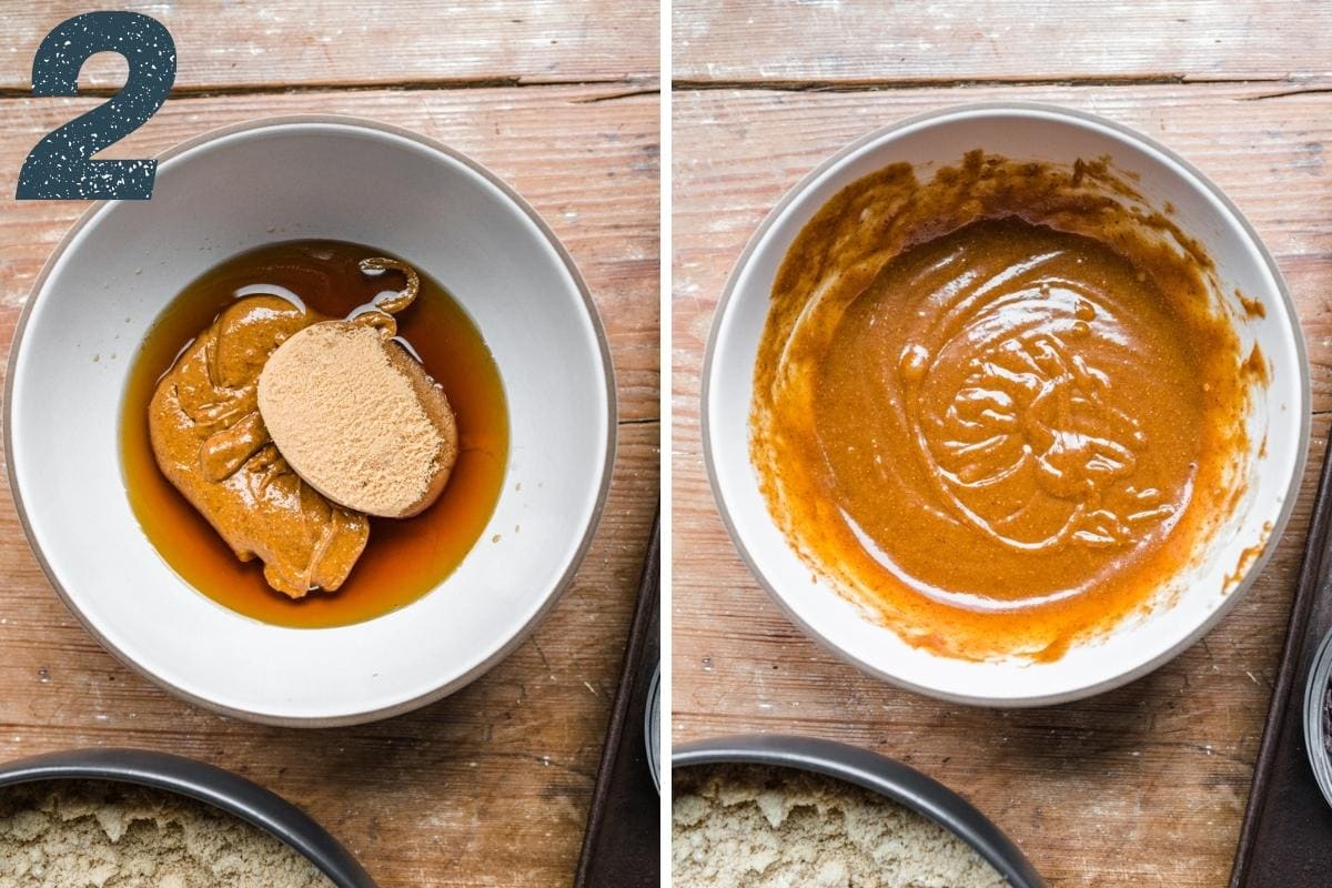 before and after mixing together wet ingredients for almond flour cookies. 