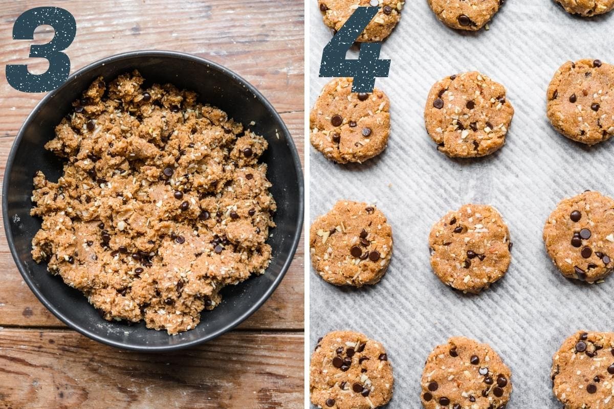 on the left: almond flour cookie dough in bowl. on the right: almond flour cookie dough on baking sheet before baking. 