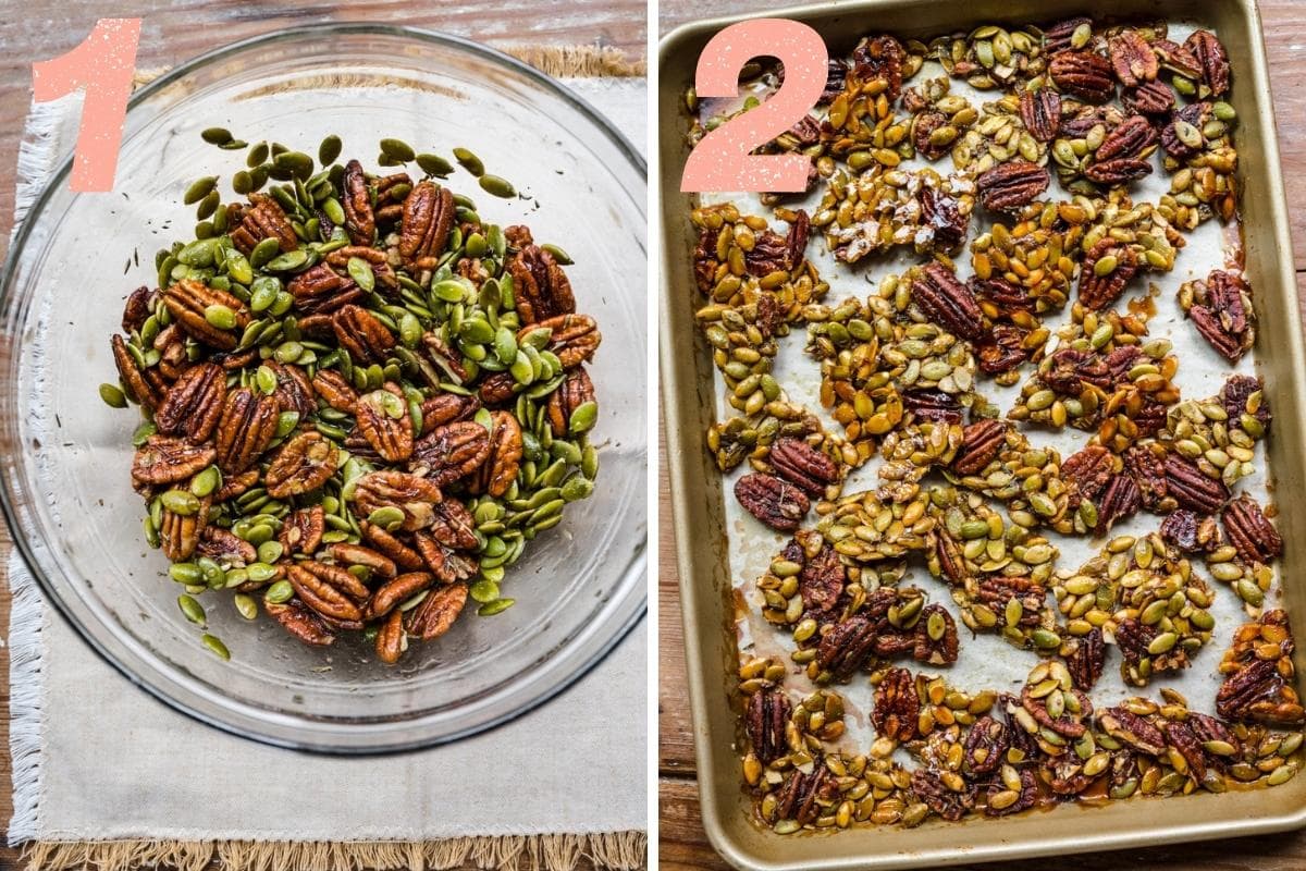 before and after baking pecan pumpkin seed brittle. 