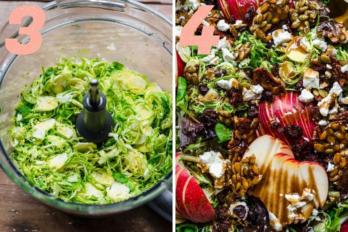 on the left: shredded brussels sprouts in food processor. On the right: close up of apple pecan salad in bowl. 