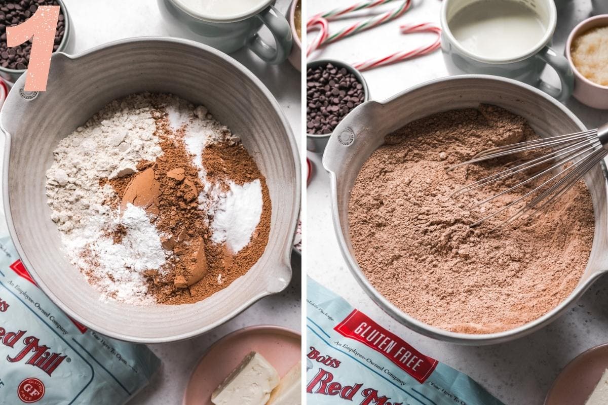 On the left: dry ingredients before being stirred together. On the right: dry ingredients after being stirred together.