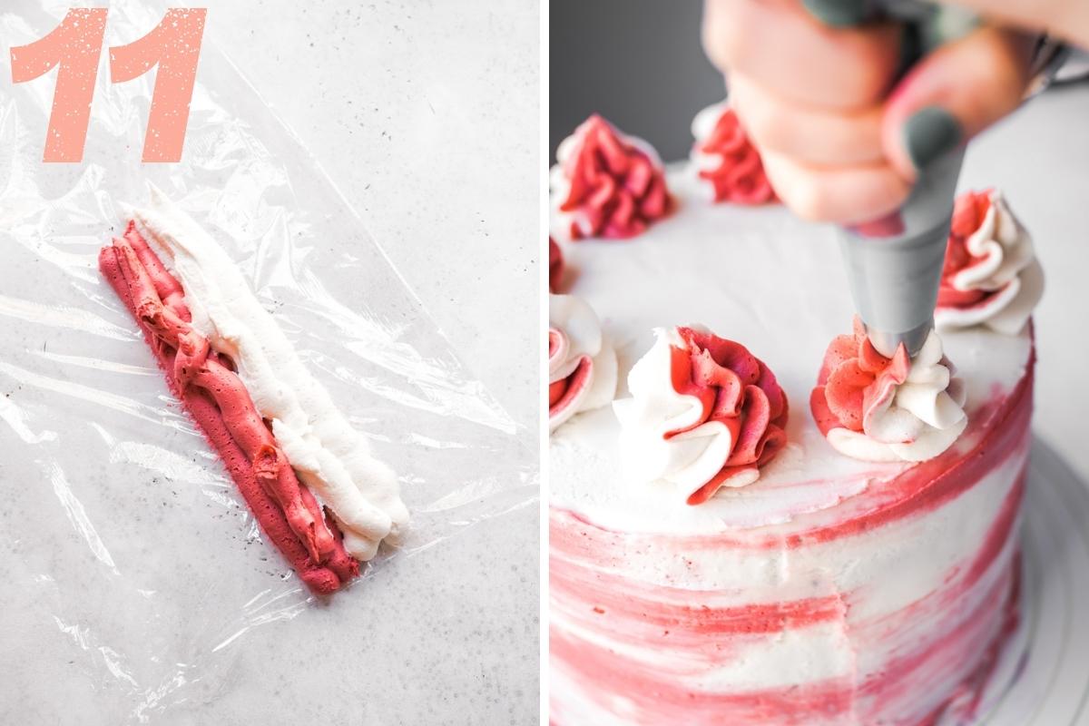 Finishing frosting the cake with red and white frosting.