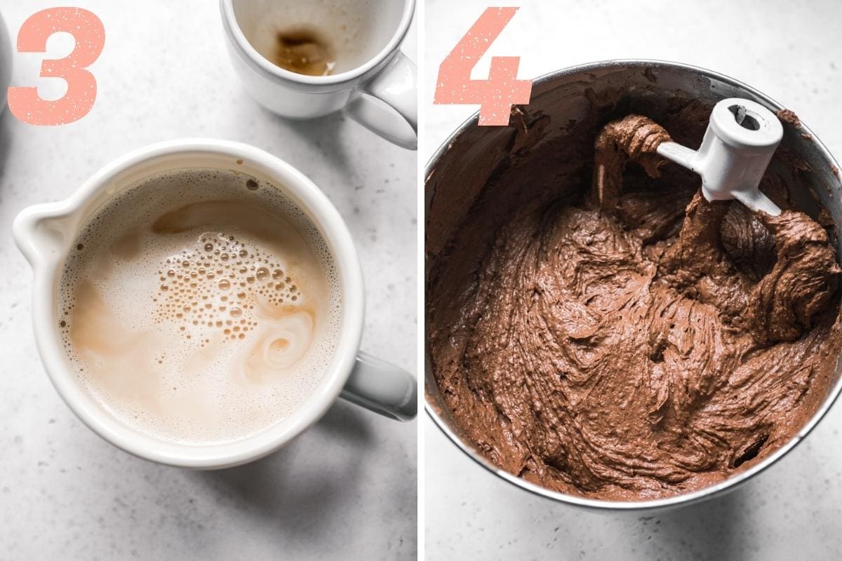 On the left: overhead shot of espresso. On the right: mixing the espresso into the batter.