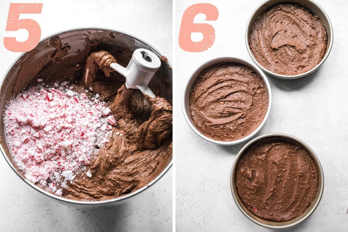 Mixing in the peppermint pieces into the cake batter and then putting them into tins.