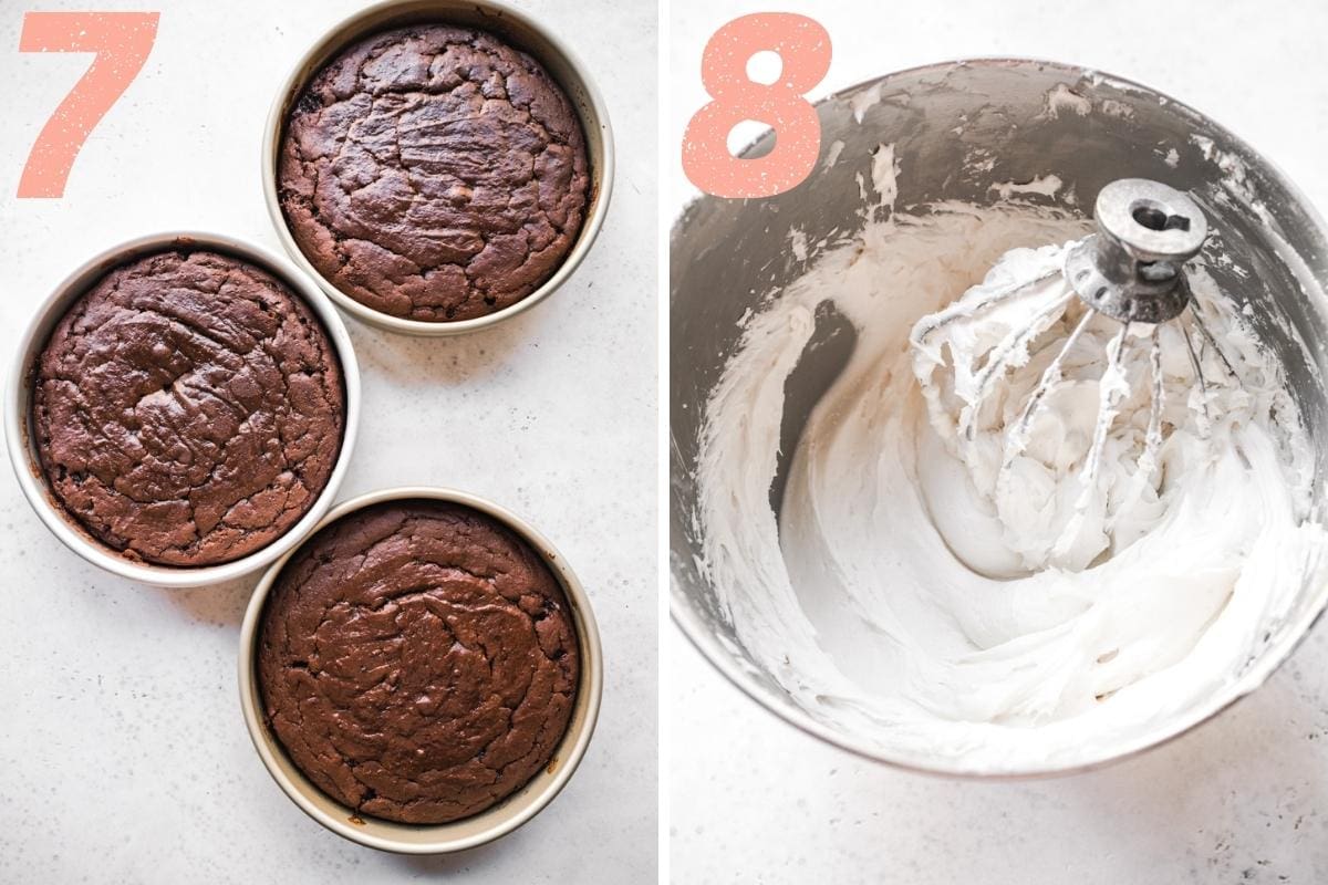 On the left: cakes after baking. On the right: frosting being whipped together.