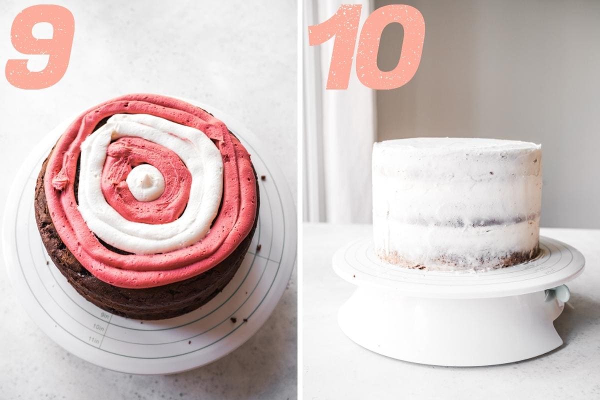 On the left: frosting the cake. On the right: cake after first layer of frosting.