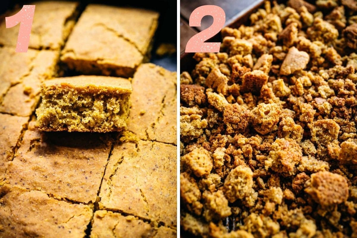 On the left: cornbread being cut up. On the right: cornbread after toasting.