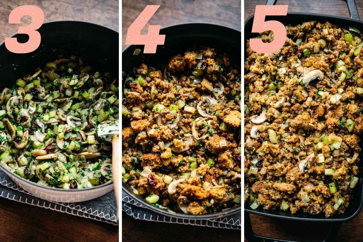 On the left: vegetables after cooking. In the middle: stuffing after breadcrumbs added in. On the right: finished product.