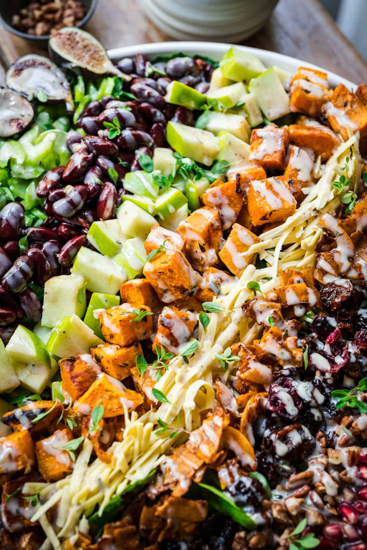 close up view of vegan fall cobb salad. 
