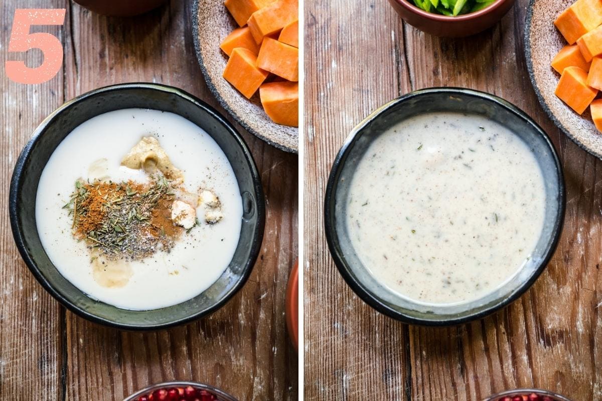 before and after whisking together ingredients for creamy maple mustard dressing. 