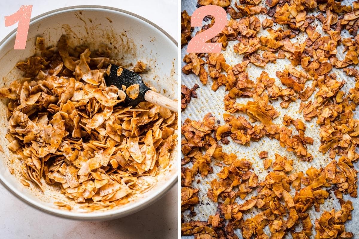 before and after baking coconut bacon.