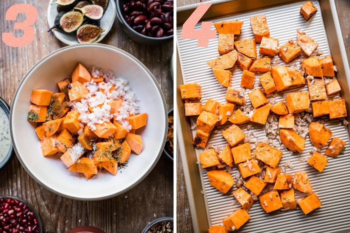mixing together diced sweet potatoes with shallots and herbs before roasting. 