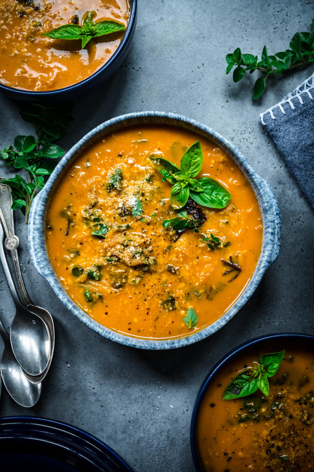 Overhead view of spaghetti squash soup in a bowl.