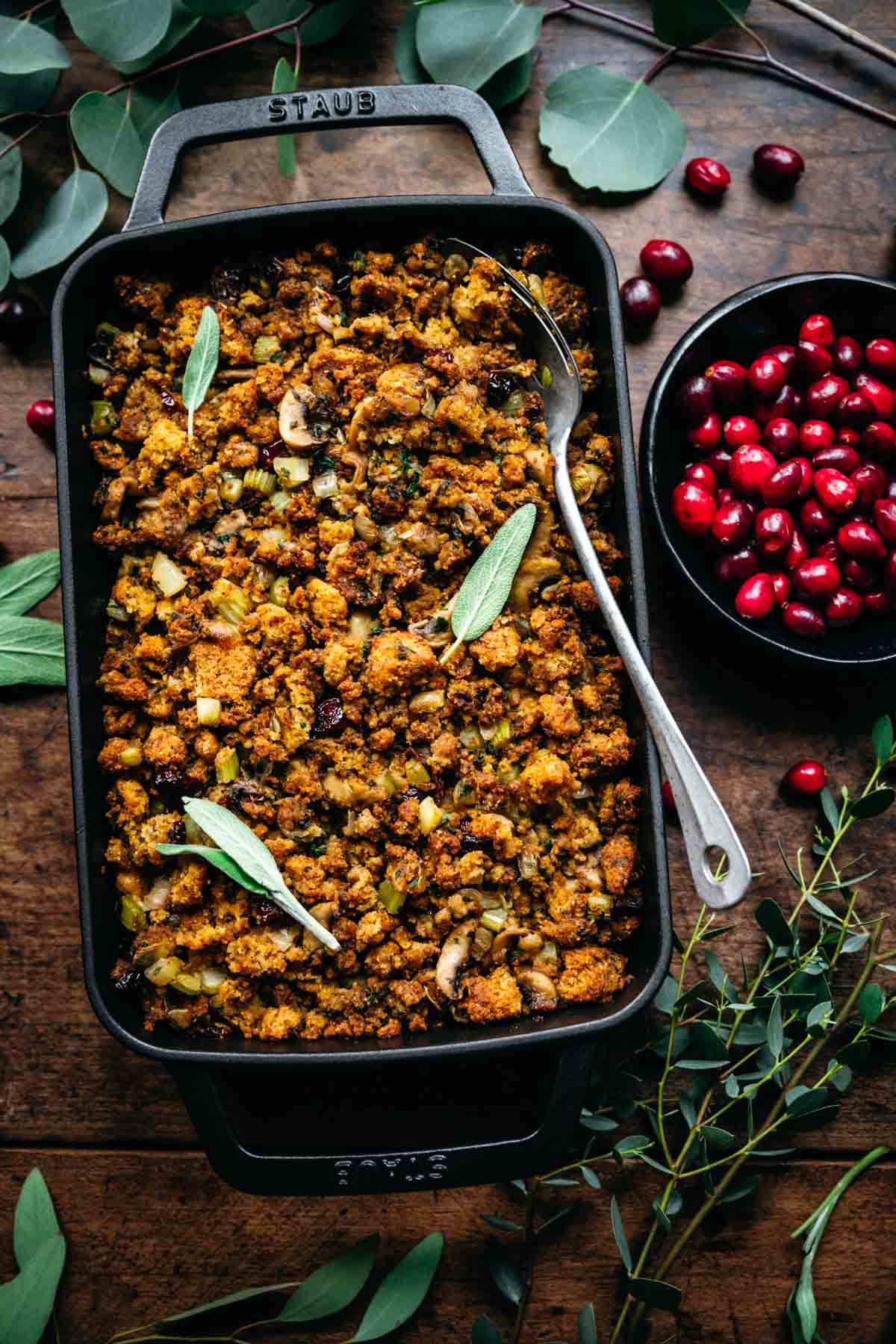 Overhead view of finished cornbread stuffing.