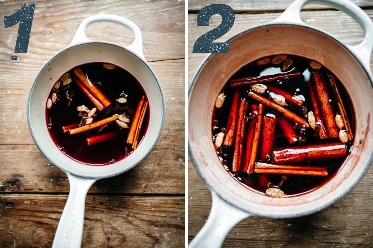 before and after cooking spiced cranberry simple syrup in white pot. 