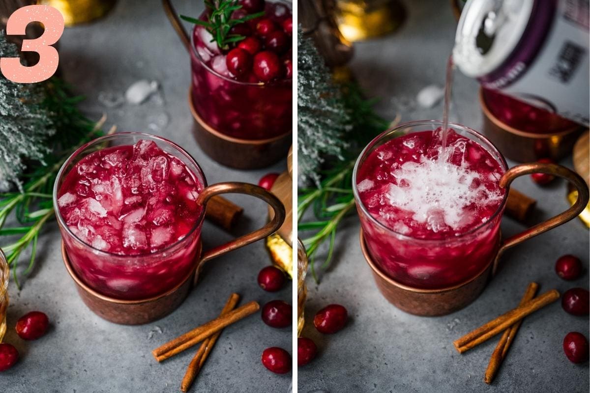 before and after pouring ginger beer into cranberry moscow mule cocktail. 