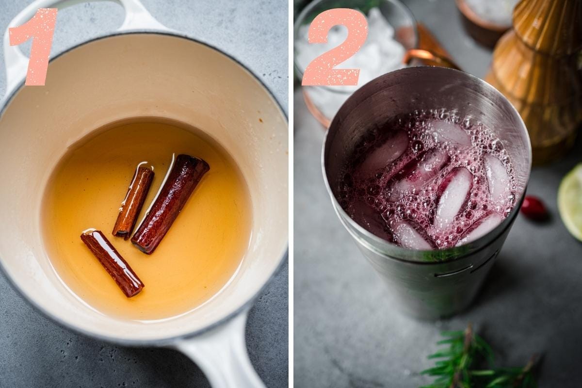 on the left: cinnamon simple syrup in pan. on the right: cranberry moscow mule ingredients in cocktail shaker. 