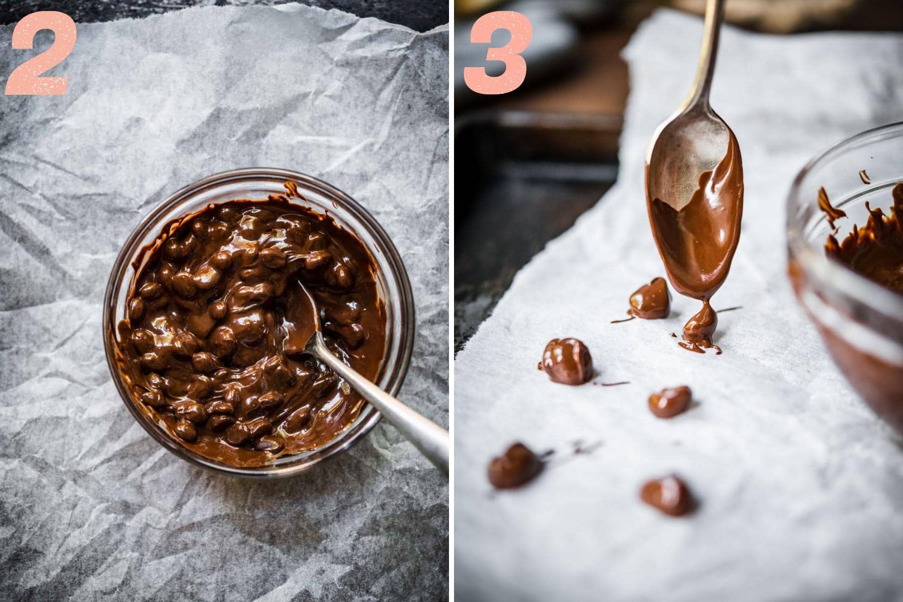 On the left: espresso beans in chocolate. On the right: espresso beans being placed on parchment.