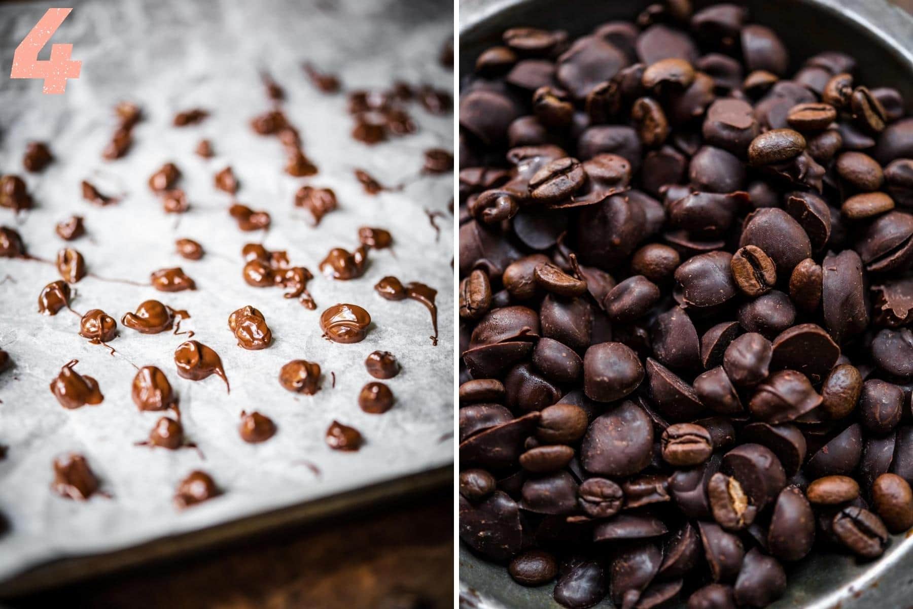 Before and after chocolate covered espresso beans have set.