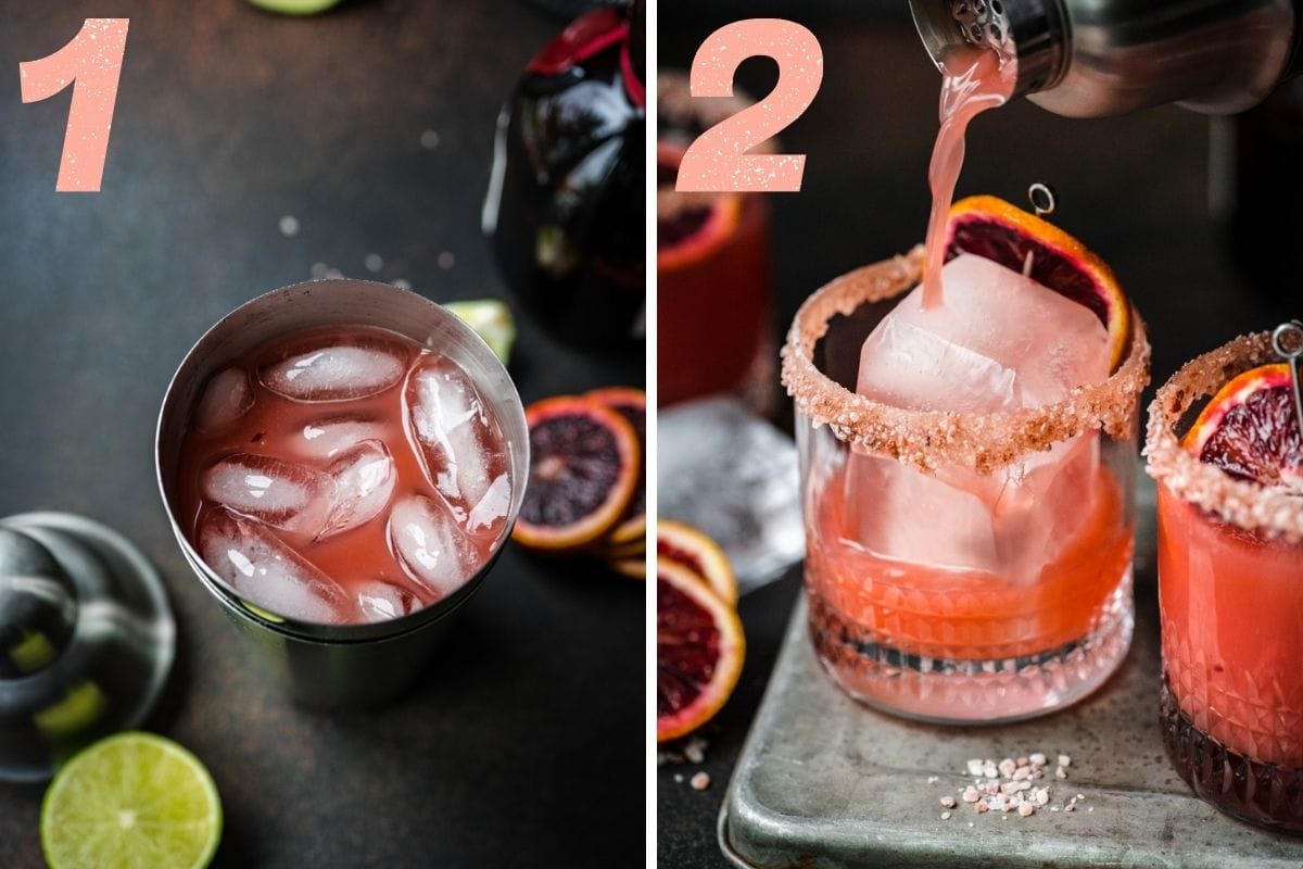 On the left: all ingredients in a cocktail shaker. On the right: cocktail being poured out into a glass.