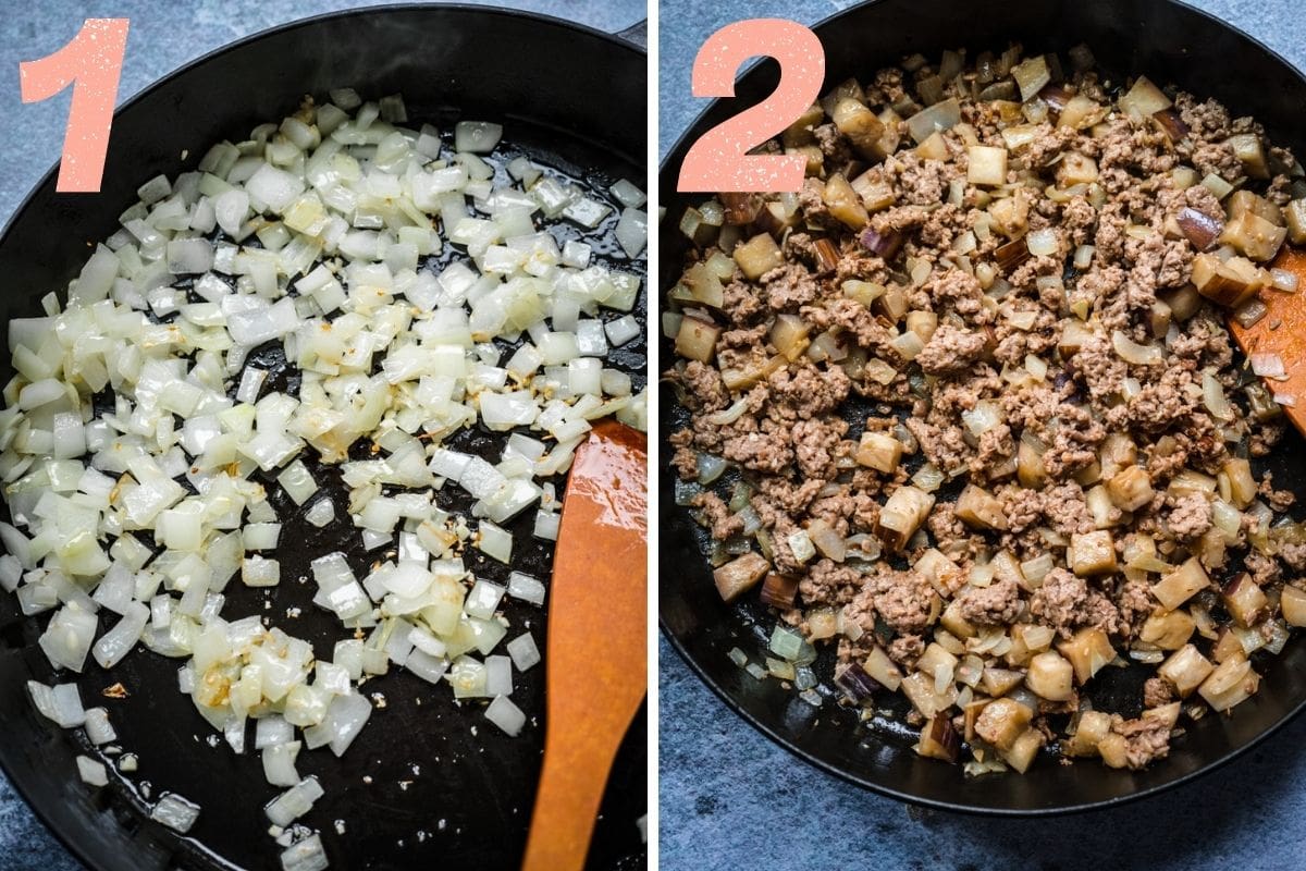 On the left: onions and garlic cooking in a pan. On the right: pan after adding meat and eggplant.