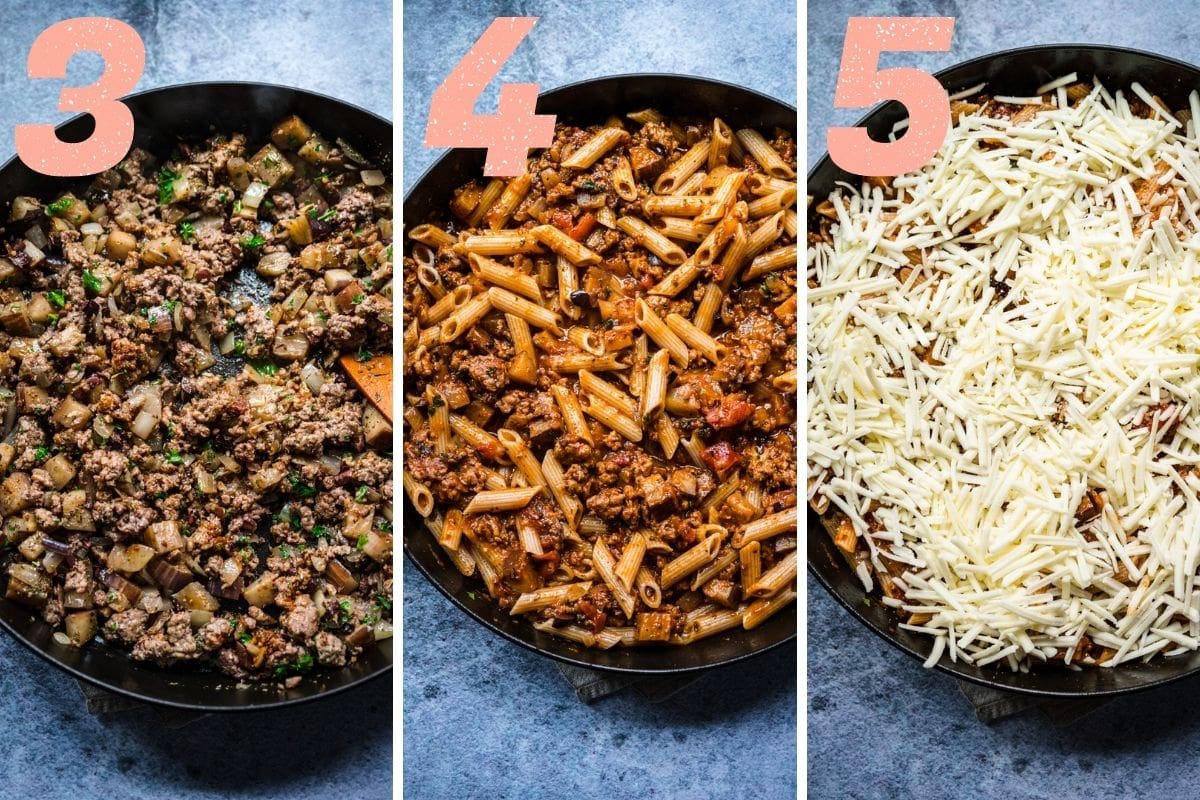 On the left: stirring in tomato paste and spices. In the middle: pouring in marinara sauce and pasta. On the right: covering with cheese before baking.