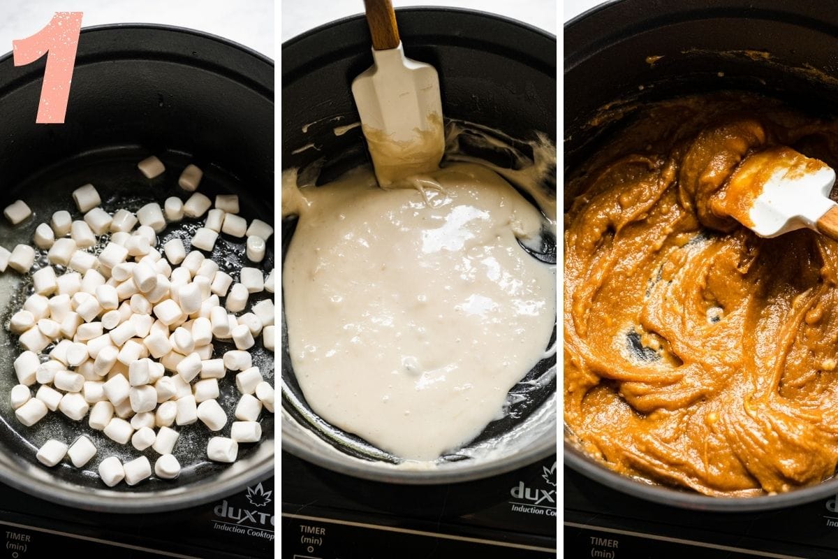 On the left and middle: melting marshmallows in a saucepan. On the right: stirring in peanut butter and other ingredients.